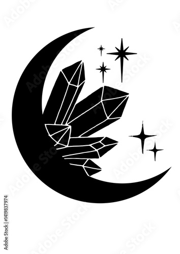 Half Moon with Crystals SVG, Celestial Themed Black Vector Design for Spiritual Crafts, Mystical Decor, and Cosmic Art Projects