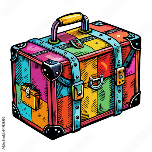 Colorful Vintage Suitcase Illustration with Patchwork Design and Metallic Accents