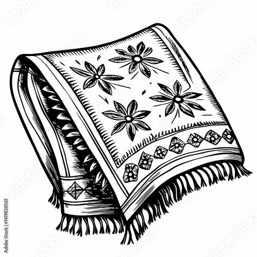 Floral Patterned Throw Blanket with Fringe in Black and White Illustration Style