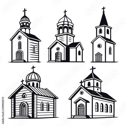 A vector set features church silhouettes and icons, showcasing religious architecture with towers, crosses, and domes, reminiscent of old European cathedrals and chapels in a sketch illustration style