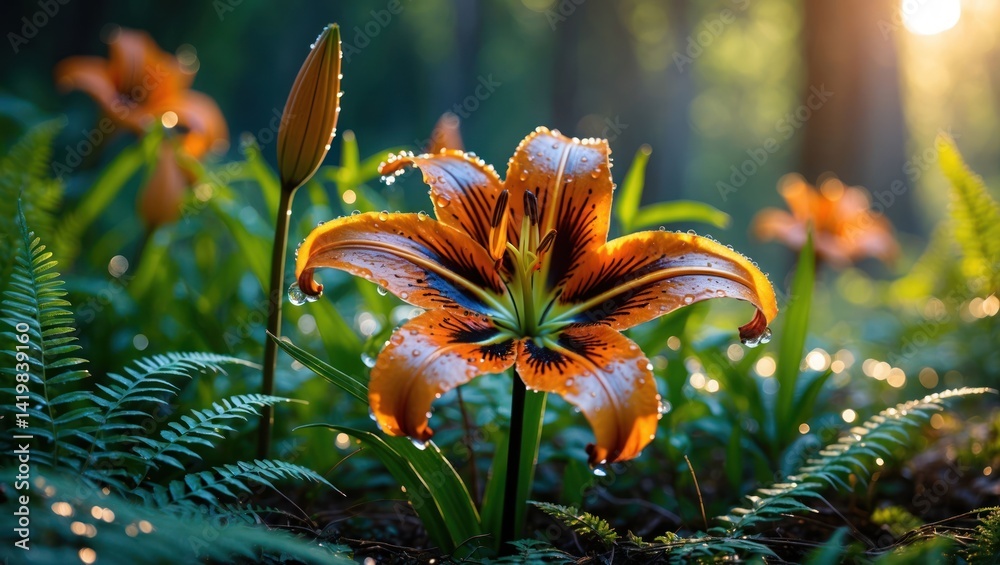 Orange Lily Flower Blooming with Water Droplets in a Lush Forest Orange Lily Flower Blooming with Water Droplets in a Lush Forest