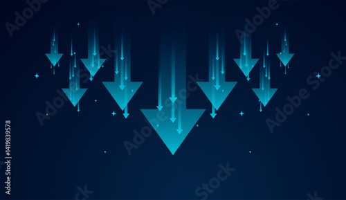 Down trend arrows ascend against a dark blue background, symbolizing progress, falling down, and rising momentum. vector illustration
