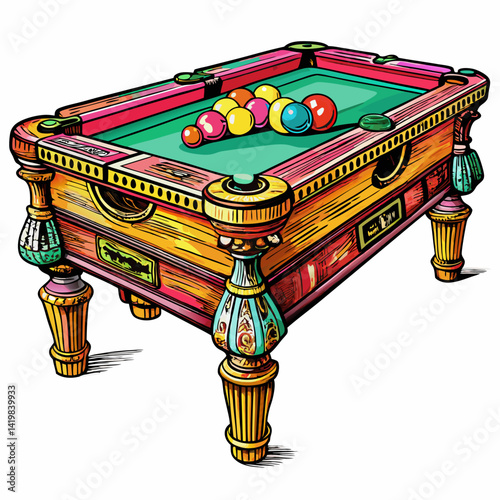 Vibrant Vintage Billiards Table with Colorful Balls in Retro Style Illustration