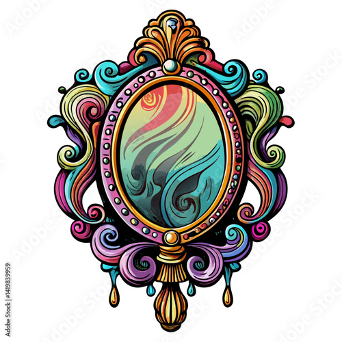 Colorful Ornate Vintage Mirror with Abstract Swirl Design Illustration