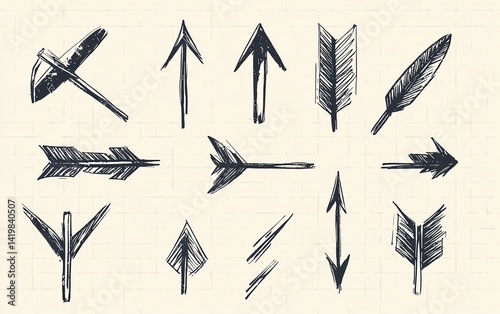 Vectorstyle handdrawn arrows, diverse mark icons with artistic lines, minimalistic black ink design, ideal for UIUX and graphic design photo