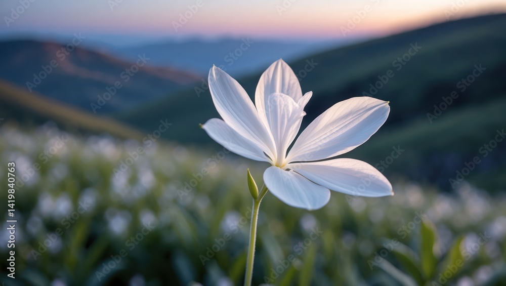 Fototapeta premium Blooming White Flower in Mountain Meadow at Sunset with Pastel Sky