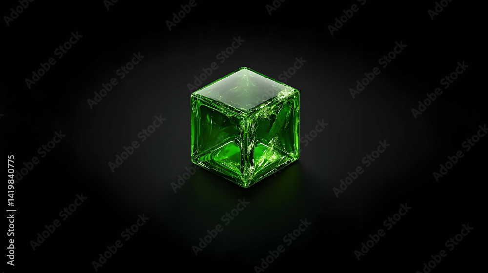 Glowing Green Crystal Cube On Black Background Glowing Green Crystal Cube On Black Background