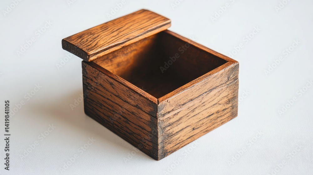 A rustic wooden photo box with an open top and visible grain patterns A rustic wooden photo box with an open top and visible grain patterns