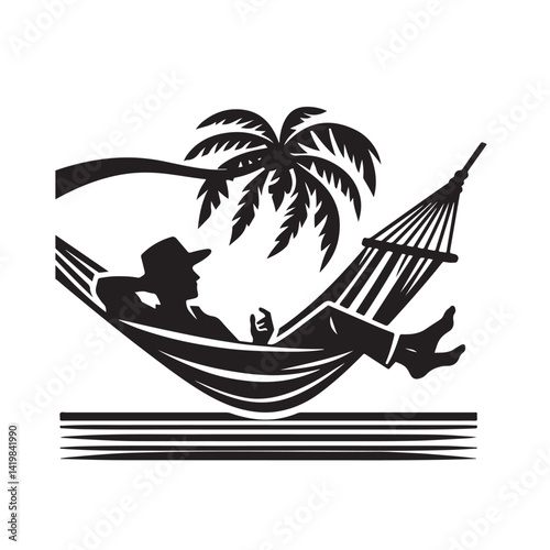 Person relaxing in hammock black and white vector silhouette