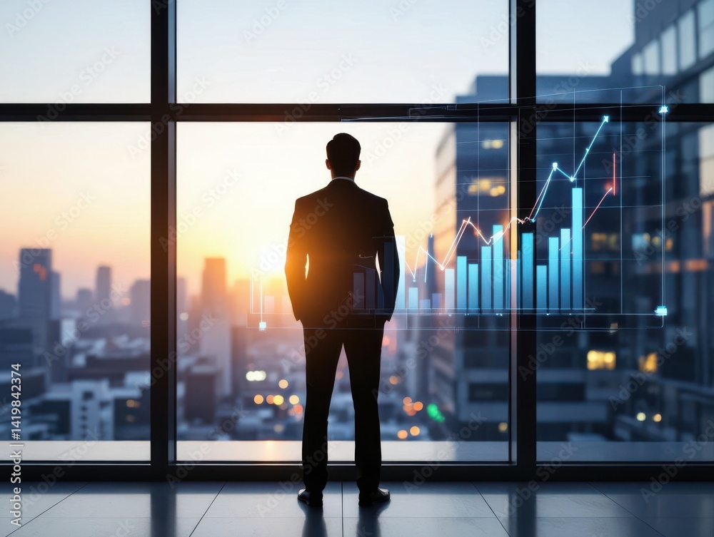 Fototapeta premium Vision-driven business strategy enhances profitability concept. Businessman observing city skyline with financial graphs overlay at sunset.