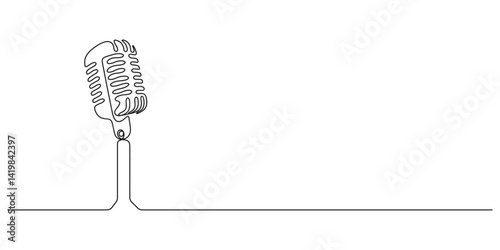 Continuous single line drawing of Retro microphone logo icon, tattoo, vector illustration 