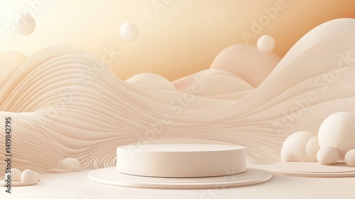 Minimalist stage design with curved staircase and vertical striped walls in light beige and white color scheme with sunlight shining through window