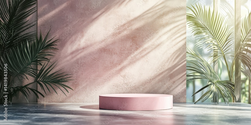 Obraz premium Abstract empty pink podium with palm leaves on a concrete wall background, bathed in sunlight, creating a summer mood ideal for presenting cosmetic products in a 3D render.