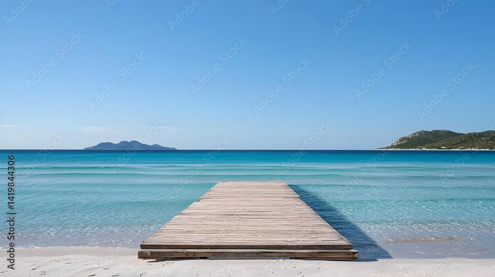 Naklejka premium Wooden Pier Extending Into Turquoise Water on Sandy Beach