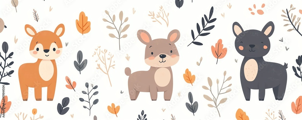 Fototapeta premium Scandistyle handdrawn baby animal pattern, seamless and adorable, soft colors for nursery posters, baby shower cards, and kids design themes