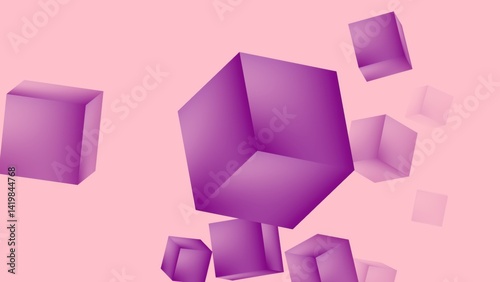 Purple cubes flying on pink background, 3D rendering, for web website background design