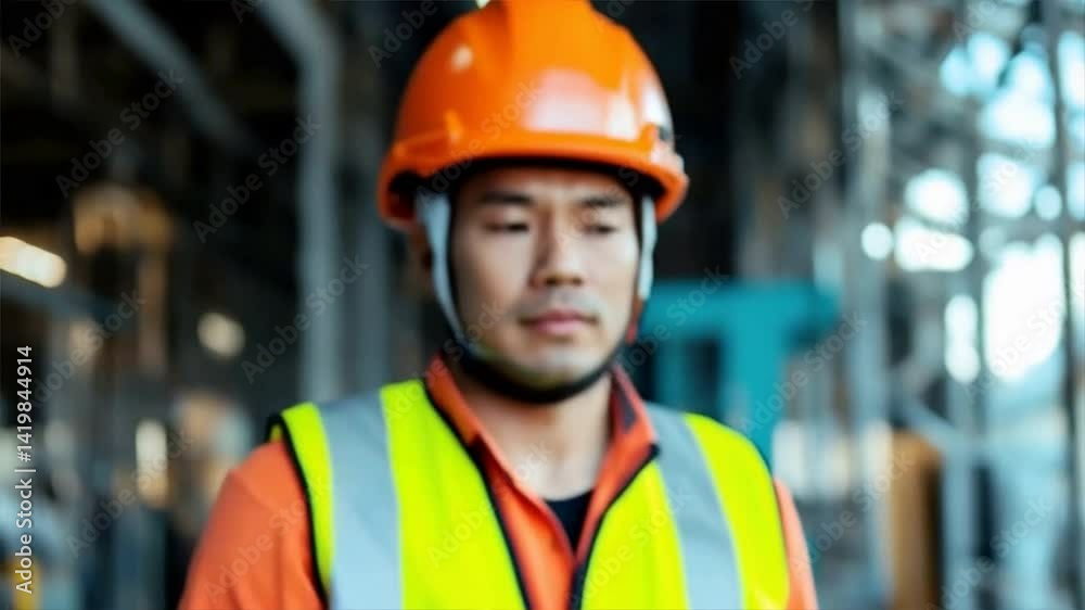 A construction worker in safety gear signaling to halt work on a busy construction site. A construction worker in safety gear signaling to halt work on a busy construction site.