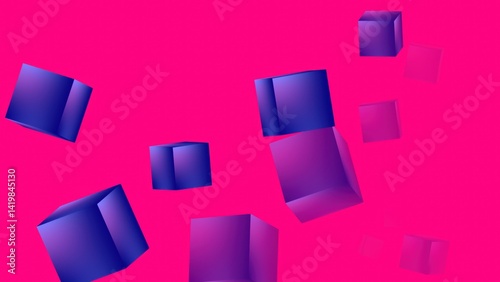Dark blue cubes flying on a rose red background, 3D rendering, for web website background design