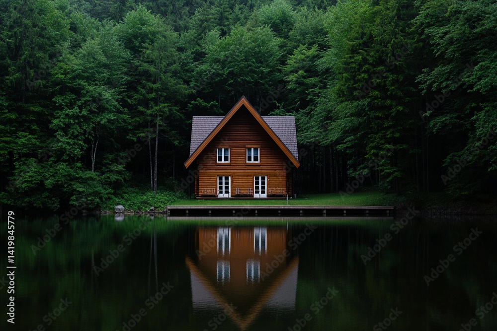 Obraz premium Beautiful lakeside cabin nestled in a lush forest with serene mountain views and calm reflective waters. Perfect for nature lovers and tranquil getaways.