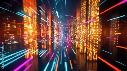 Vibrant abstract cityscape with colorful lights and dynamic motion, evoking a futuristic digital environment