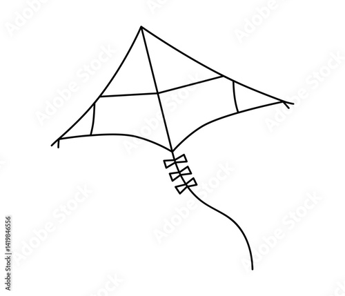 Hand drawn cute outline illustration of flying kite. Flat vector kids outdoor toy line art doodle. Summer childhood game. Dream and hope icon. Vacation or leisure sticker. Way forward. Isolated.