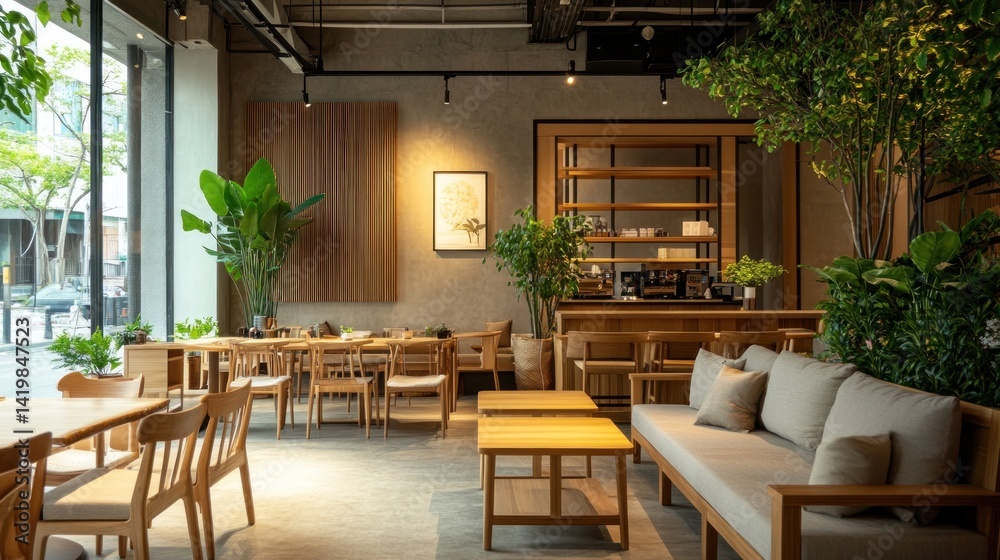 Fototapeta premium Cozy caf? interior with plants and wooden furniture