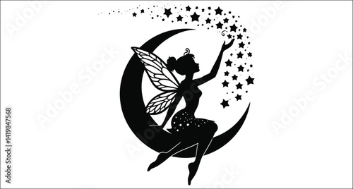 Silhouette Fairy Sitting On Moon Reaching Stars Fantasy Illustration Vector