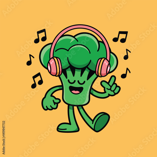 Cartoon green broccoli character, pink headphones, eyes closed, grooving, music notes floating, pastel orange background, bold and fun color scheme, comic style, chill Vegetable, relaxed vibe, 