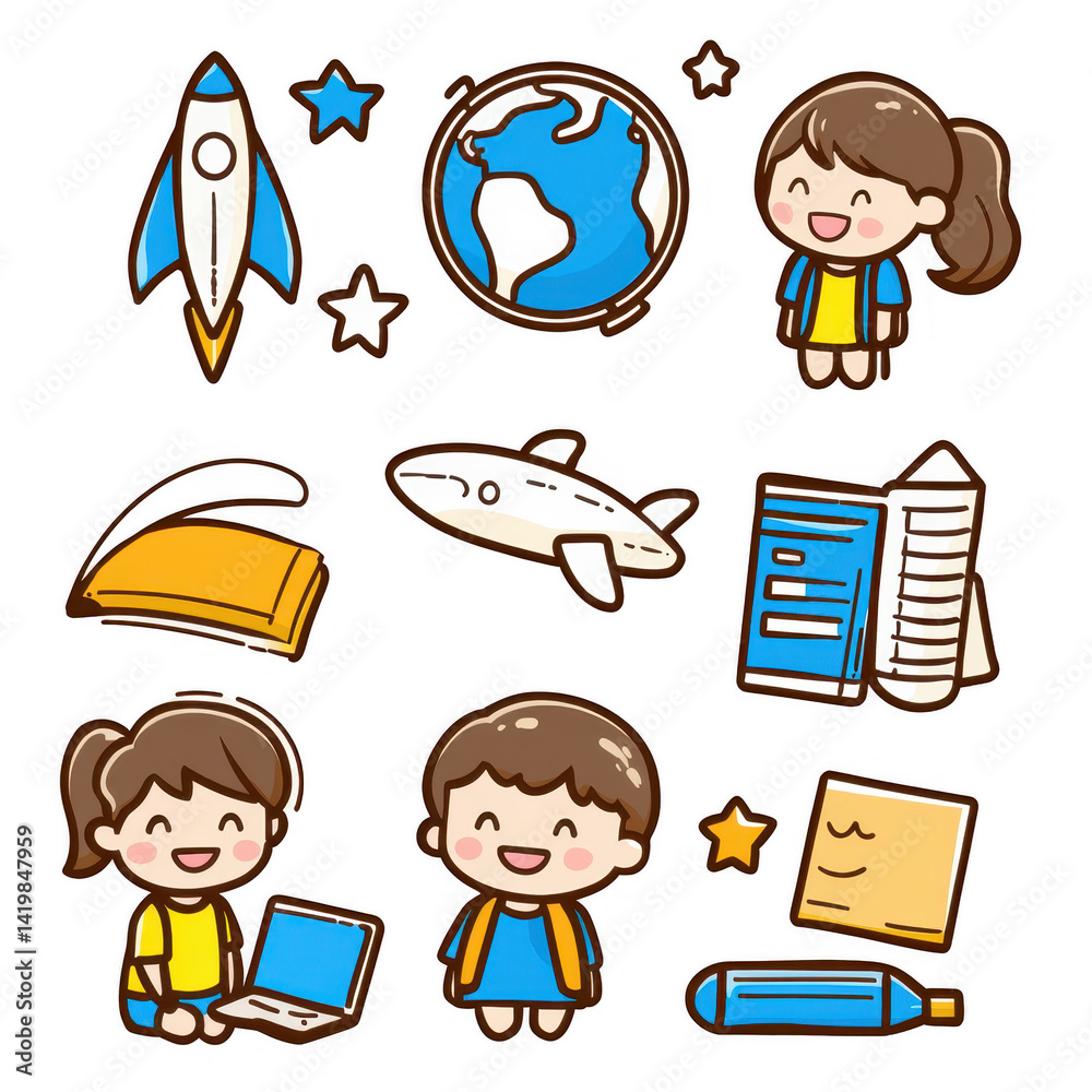 Colorful illustration featuring children engaged in various hobbies like studying, traveling, and exploring. Includes diverse elements like rockets, globes, and laptops. Colorful illustration featuring children engaged in various hobbies like studying, traveling, and exploring. Includes diverse elements like rockets, globes, and laptops.