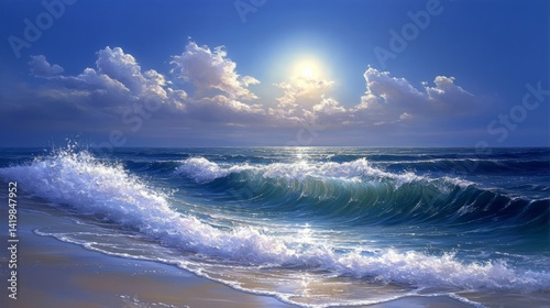 Ocean Waves Crashing on Sandy Beach at Sunset