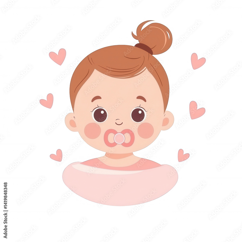 Cute illustration of a happy baby girl with a pacifier surrounded by hearts, perfect for children's products and playful designs. Cute illustration of a happy baby girl with a pacifier surrounded by hearts, perfect for children's products and playful designs.