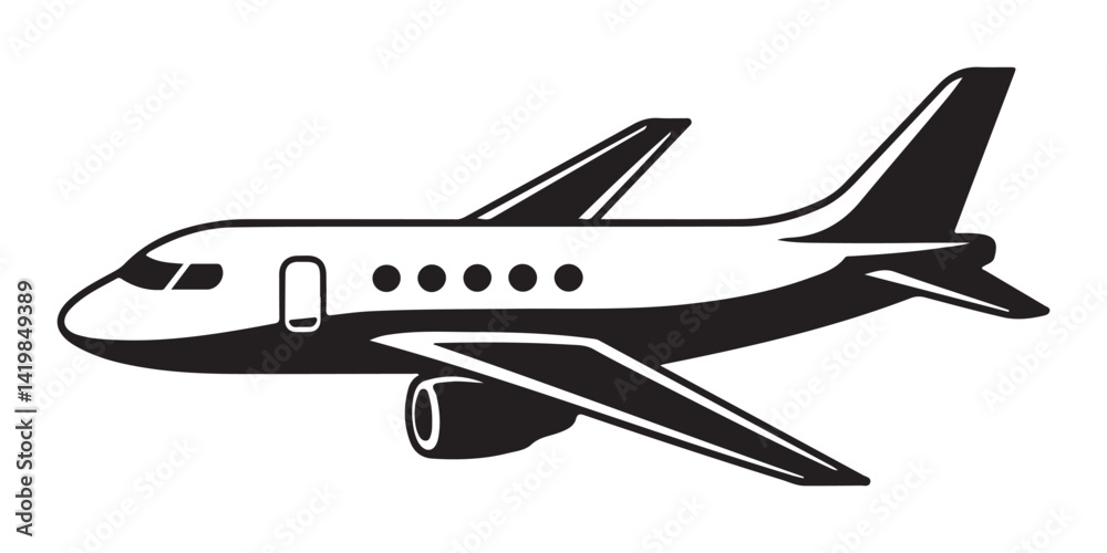 Black and White Vector Illustration of a Commercial Airplane Side View. Silhouette Jet Icon for Travel, Flight, Aviation, Airline, and Transportation Design. Black and White Vector Illustration of a Commercial Airplane Side View. Silhouette Jet Icon for Travel, Flight, Aviation, Airline, and Transportation Design.