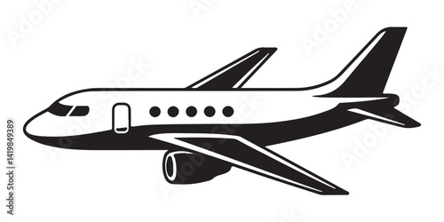 Black and White Vector Illustration of a Commercial Airplane Side View. Silhouette Jet Icon for Travel, Flight, Aviation, Airline, and Transportation Design.