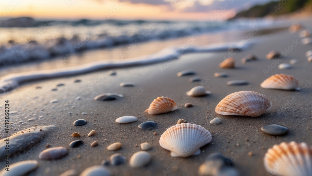 Seashells on Sandy Beach at Sunset with Gentle Waves Seashells on Sandy Beach at Sunset with Gentle Waves