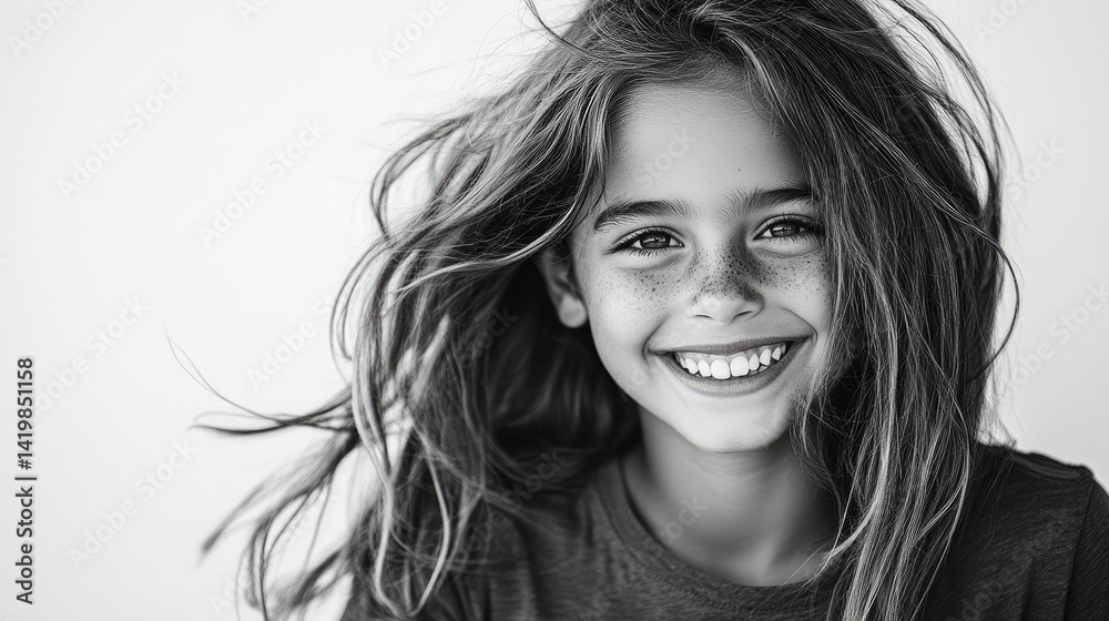 Fototapeta premium A black and white portrait of a laughing child with wind in their hair.