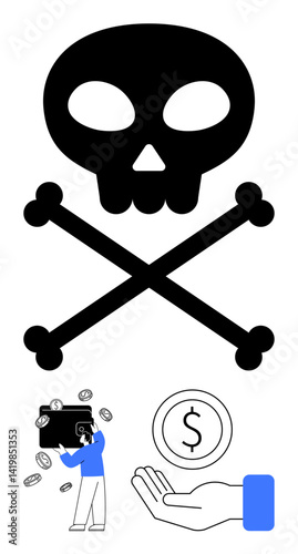 Skull and crossbones above falling coins, wallet, and hands symbolizing financial danger, loss, risk, unethical choices, security breaches, fraud awareness. Ideal for finance education fraud