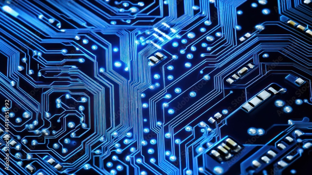 Electronic circuit board detail with blue glowing circuit pathways closeup Electronic circuit board detail with blue glowing circuit pathways closeup