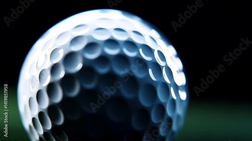 Close-up of a golf ball against a dark background.