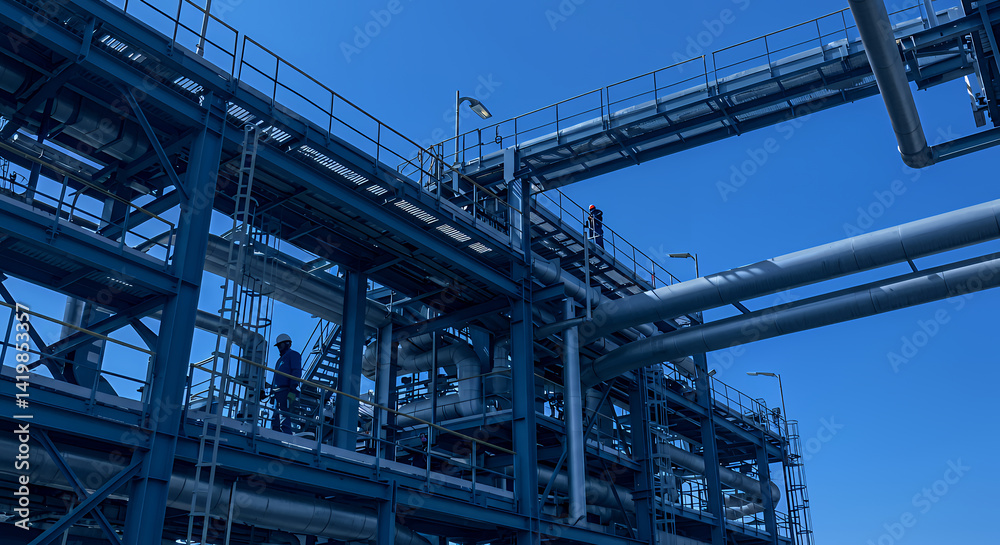 Industrial Refinery Workers on Elevated Platforms Inspecting Complex Pipeline Systems Industrial Refinery Workers on Elevated Platforms Inspecting Complex Pipeline Systems