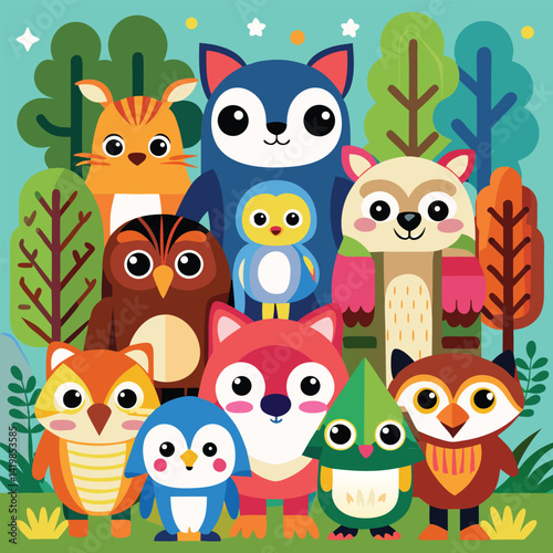 A colorful collection of cartoon woodland creatures and a penguin are arranged in two rows.
