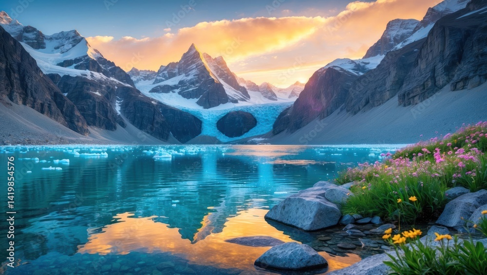 Scenic Mountain Landscape with Glacial Lake and Colorful Sky Reflections Scenic Mountain Landscape with Glacial Lake and Colorful Sky Reflections