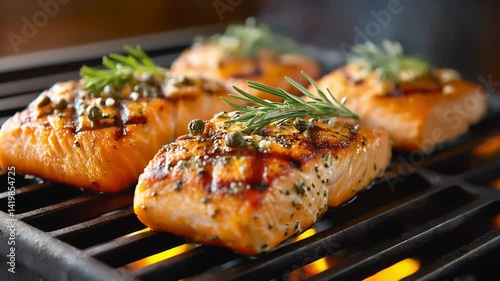 Grilled Salmon with Rosemary and Capers. Video showcasing succulent salmon fillets sizzling on a grill, garnished with fresh rosemary and capers, ideal for gourmet food visuals.