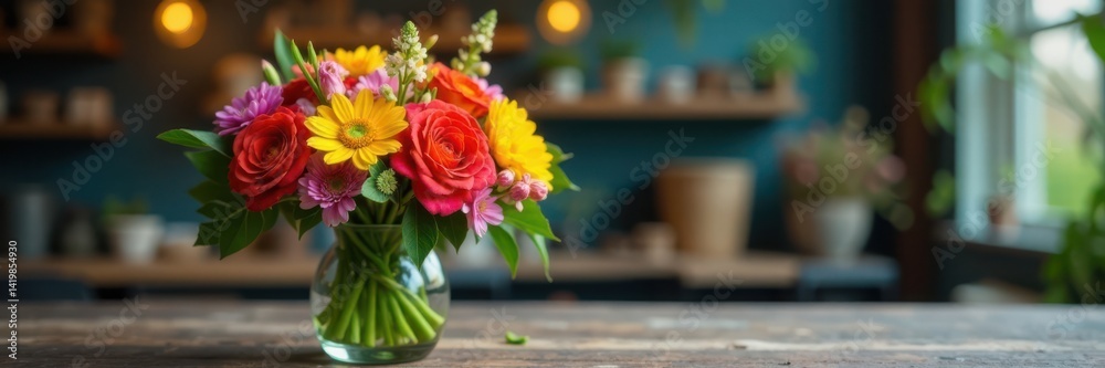 A colorful spring bouquet is placed on a rustic wooden table with a single lamp bulb in the background, bouquet, wooden table A colorful spring bouquet is placed on a rustic wooden table with a single lamp bulb in the background, bouquet, wooden table