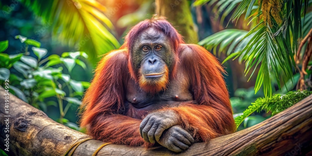 A majestic Bornean orangutan rests on a tree branch, its vibrant reddish-brown fur contrasting with the lush green tropical foliage. A majestic Bornean orangutan rests on a tree branch, its vibrant reddish-brown fur contrasting with the lush green tropical foliage.