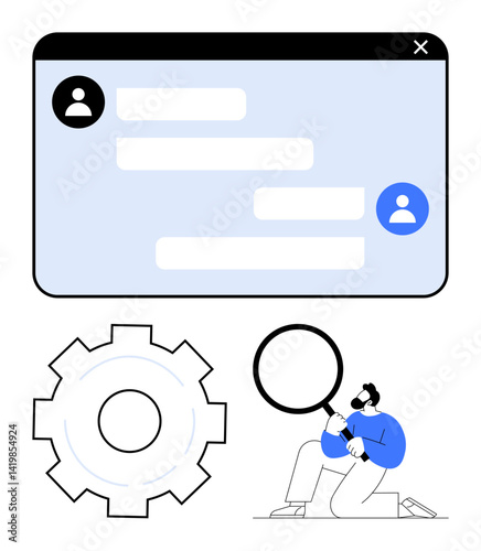 Chat window with user icons, gear representing settings, and a figure analyzing with a magnifying glass. Ideal for communication, analytics, troubleshooting, teamwork, user interface, research