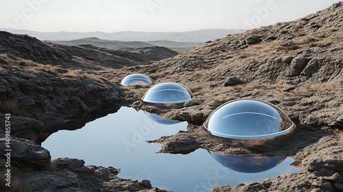 Desert landscape with glassy spheres in water pools