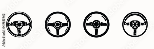 Steering wheel silhouette icon set for car controls, driving equipment, and automotive dashboard design, in black and white