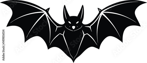 black and white bat, horror halloween bat icon, bat with wings, black and white halloween bat, smiling bat wing silhouette vector icon, ghost type horror bat.