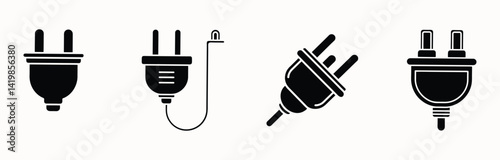 Silhouette icon set of electric plugs and sockets for power, energy, and electronic illustrations

