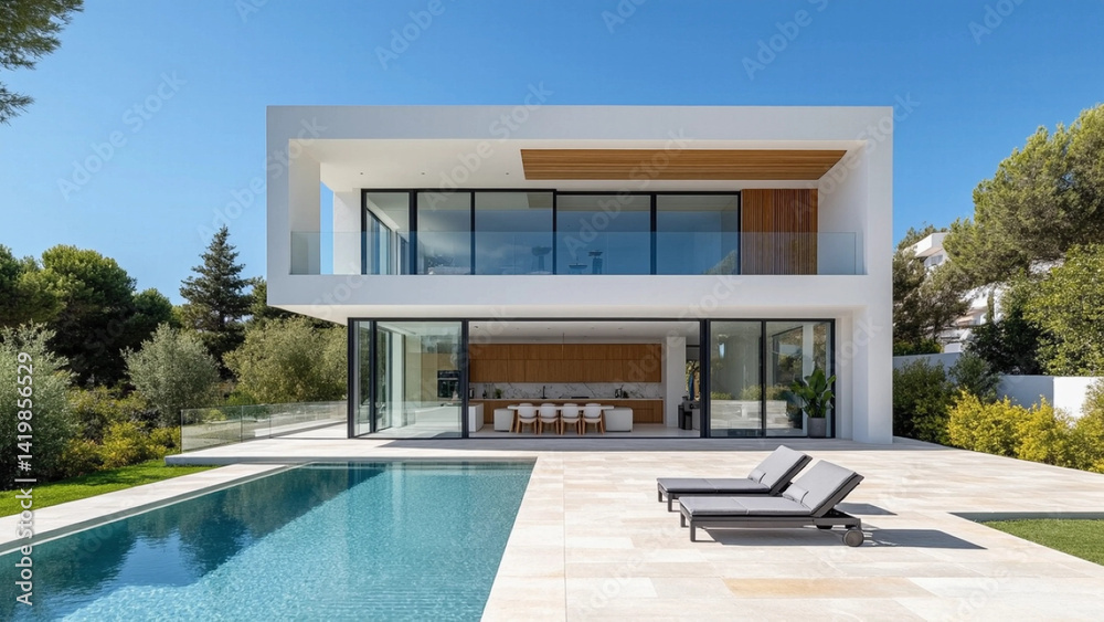 Fototapeta premium A modern white house by the pool, vibrant with greenery under sunlight.